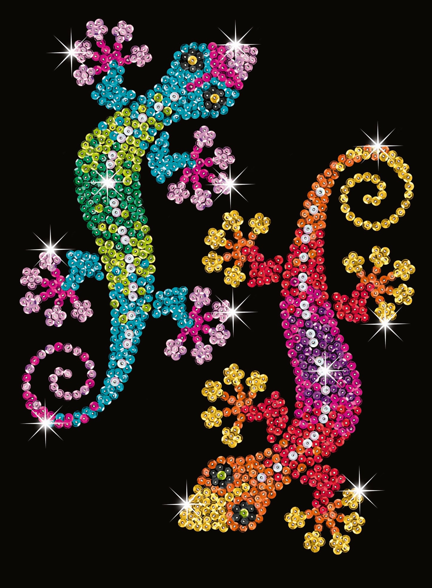 Colorful sequin art craft showing two geckos made from multicolored sequins in pink, teal, yellow, orange, and red on black background with sparkle accents