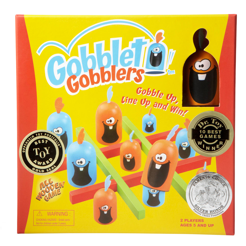 Gobblet Gobblers board game box showing colorful goblet-shaped game pieces in blue and orange with googly eyes, red and green game board, award seals, and yello