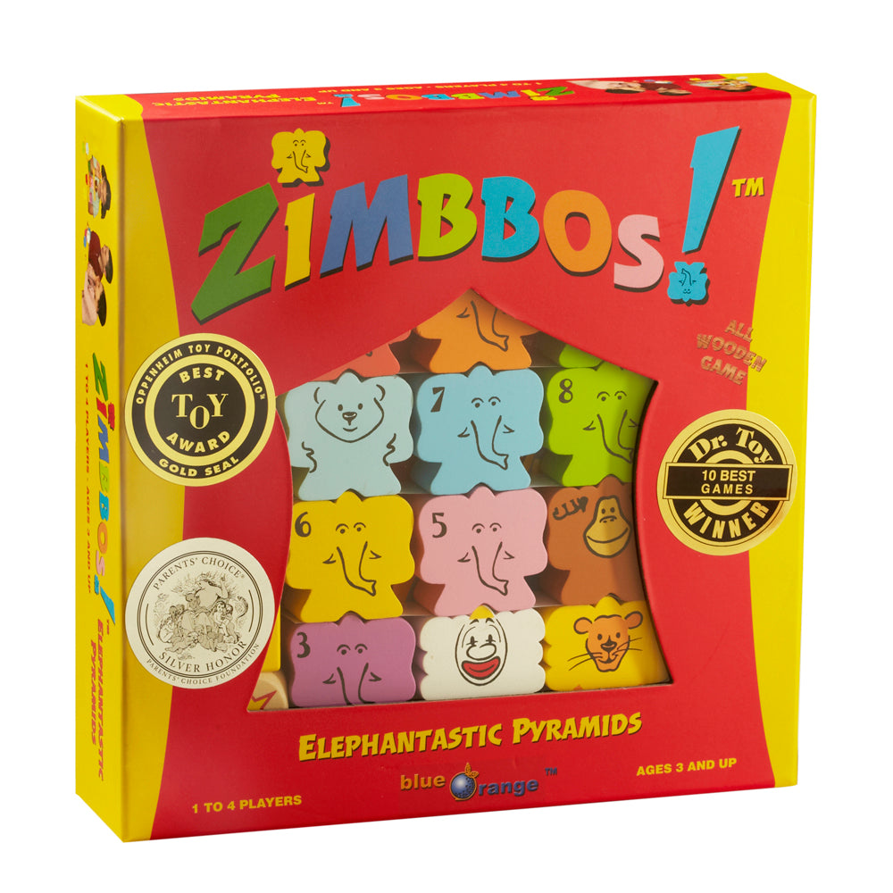 Zimbbos Elephantastic Pyramids game box showing colorful numbered elephant and character pieces with award seals, 1 to 4 players, ages 3 and up