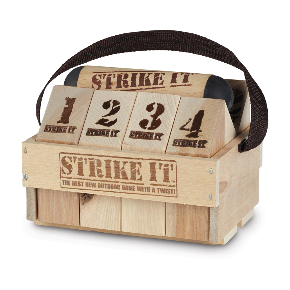 Strike It! wooden bowling game with four numbered pins 1-4 in wooden base and brown carry handle