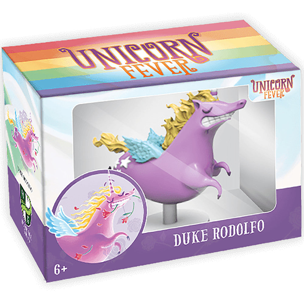 Unicorn Fever Duke Rodolfo collectible figure in packaging, purple unicorn with golden mane and blue wings on rainbow-striped box