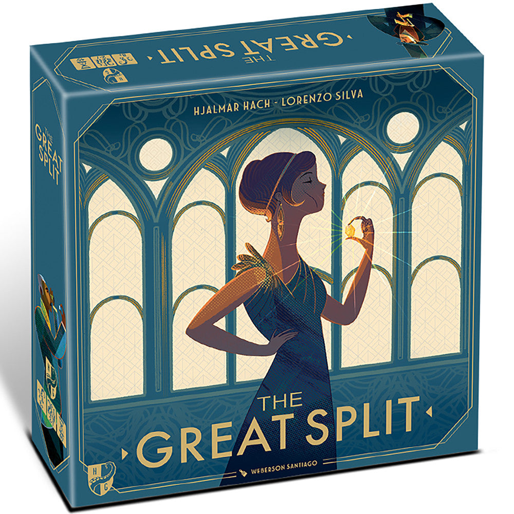 The Great Split board game box featuring art deco-style illustration of a woman in profile holding a gemstone, teal and gold color scheme with ornamental window