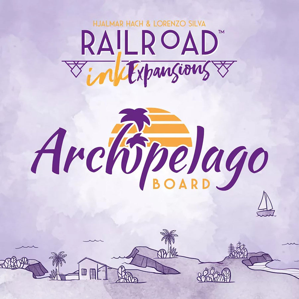 Railroad Ink Archipelago Expansion Board Game box art featuring purple and orange text with tropical island scenery and sailboat illustrations