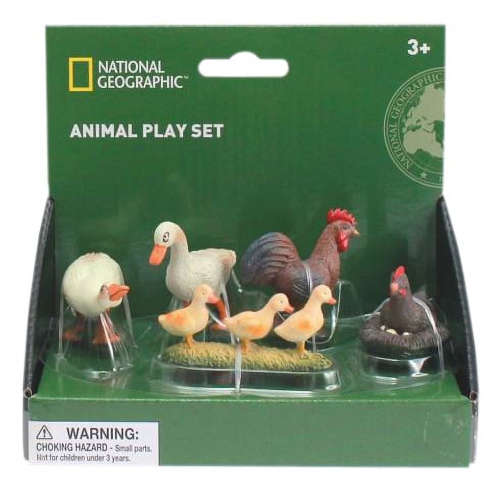 National Geographic Chicken and Duck Farm Playset package containing five farm animal figurines: white goose, yellow ducklings, red and black rooster, and black