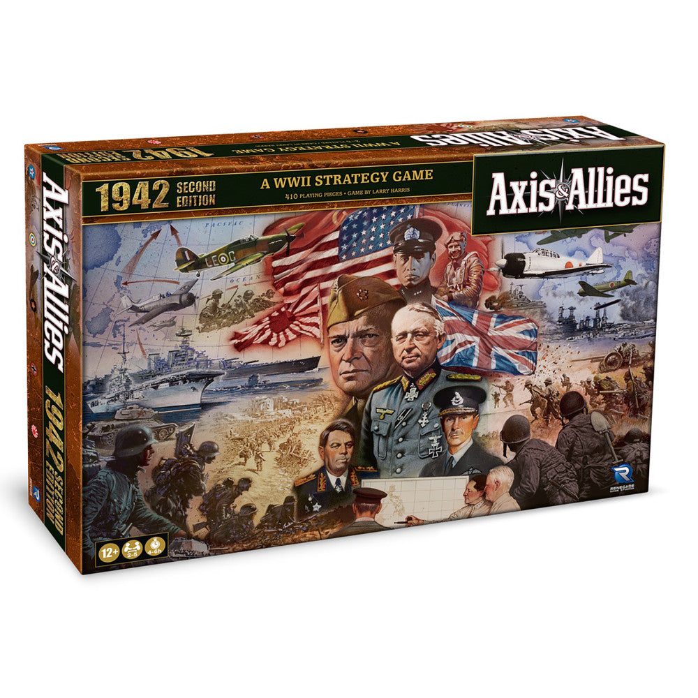 Axis & Allies 1942 Second Edition board game box featuring WWII military leaders, aircraft, ships, soldiers, and flags on wood-textured packaging