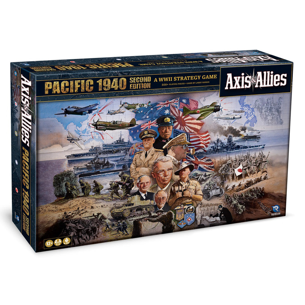 Axis & Allies: Pacific 1940 Second Edition board game box featuring WWII military leaders, aircraft, ships, and soldiers with American and Japanese flags