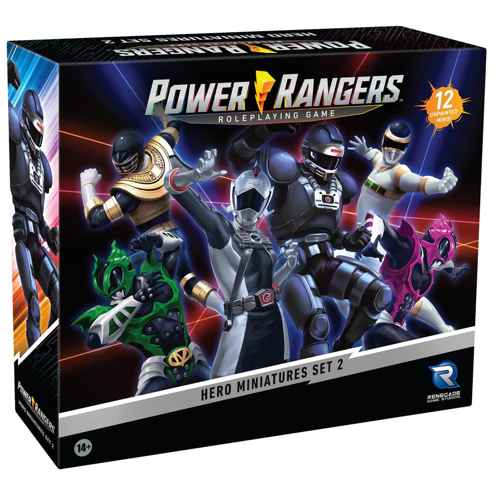 Power Rangers Roleplaying Game Hero Miniatures Set 2 box featuring 12 unpainted miniature figures in various ranger suits with colorful accents on black backgro