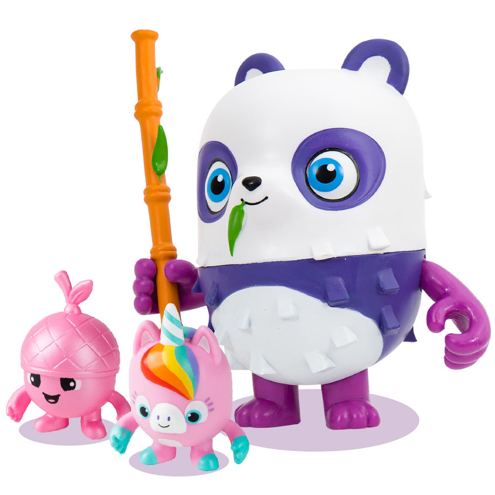 White and purple panda figure with large blue eyes and pink hands holding an orange staff, shown with smaller pink and rainbow collectible figures
