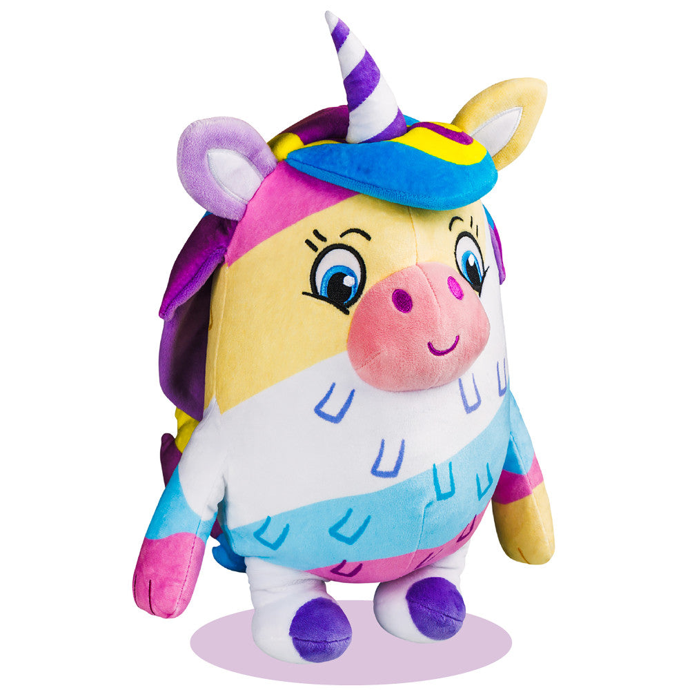 Colorful plush unicorn toy with yellow face, purple and white striped horn, pink nose, blue eyes, and multicolored body in pink, blue, yellow, and white