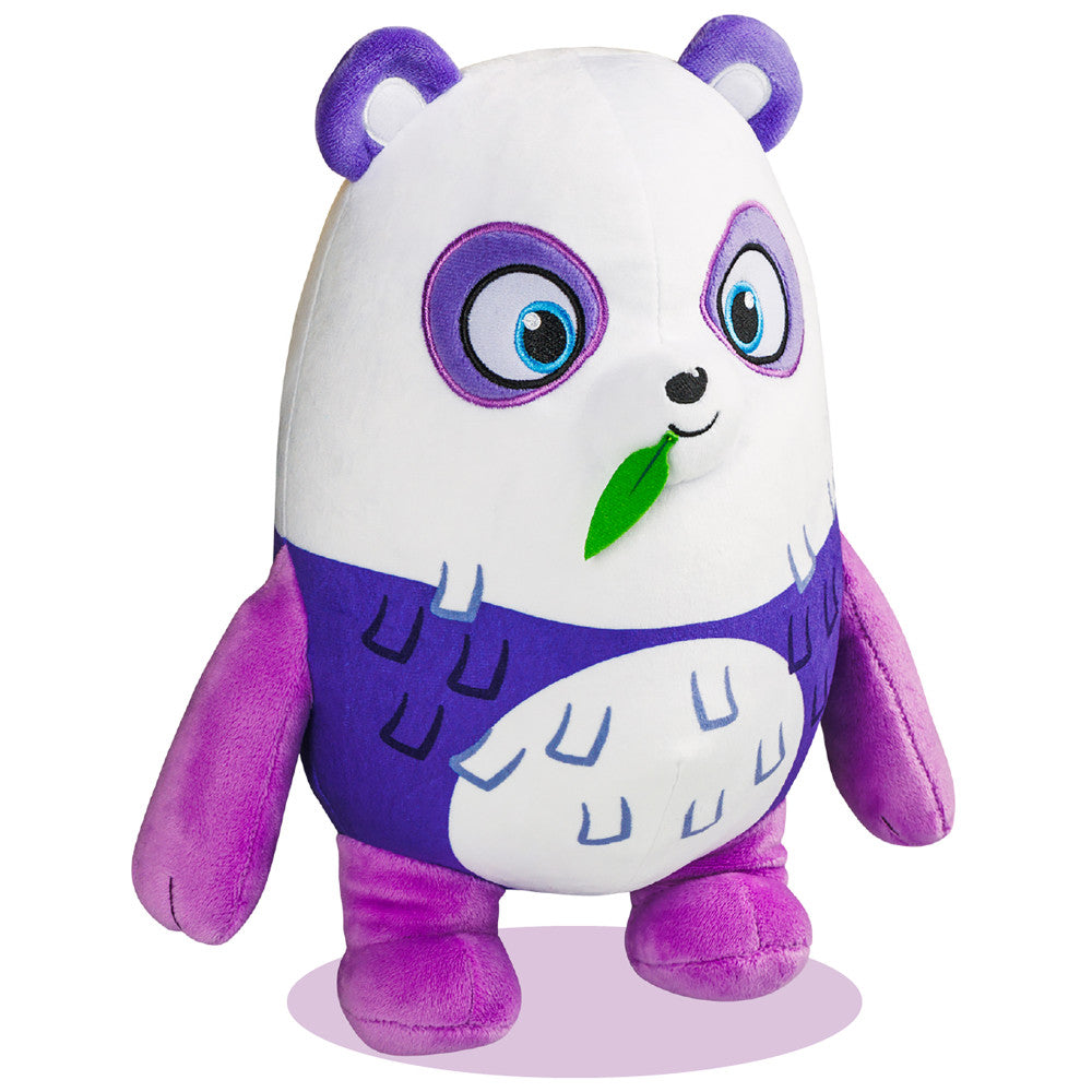 White and purple plush panda character with large blue eyes, purple ears, green leaf in mouth, purple arms and legs, and belly markings