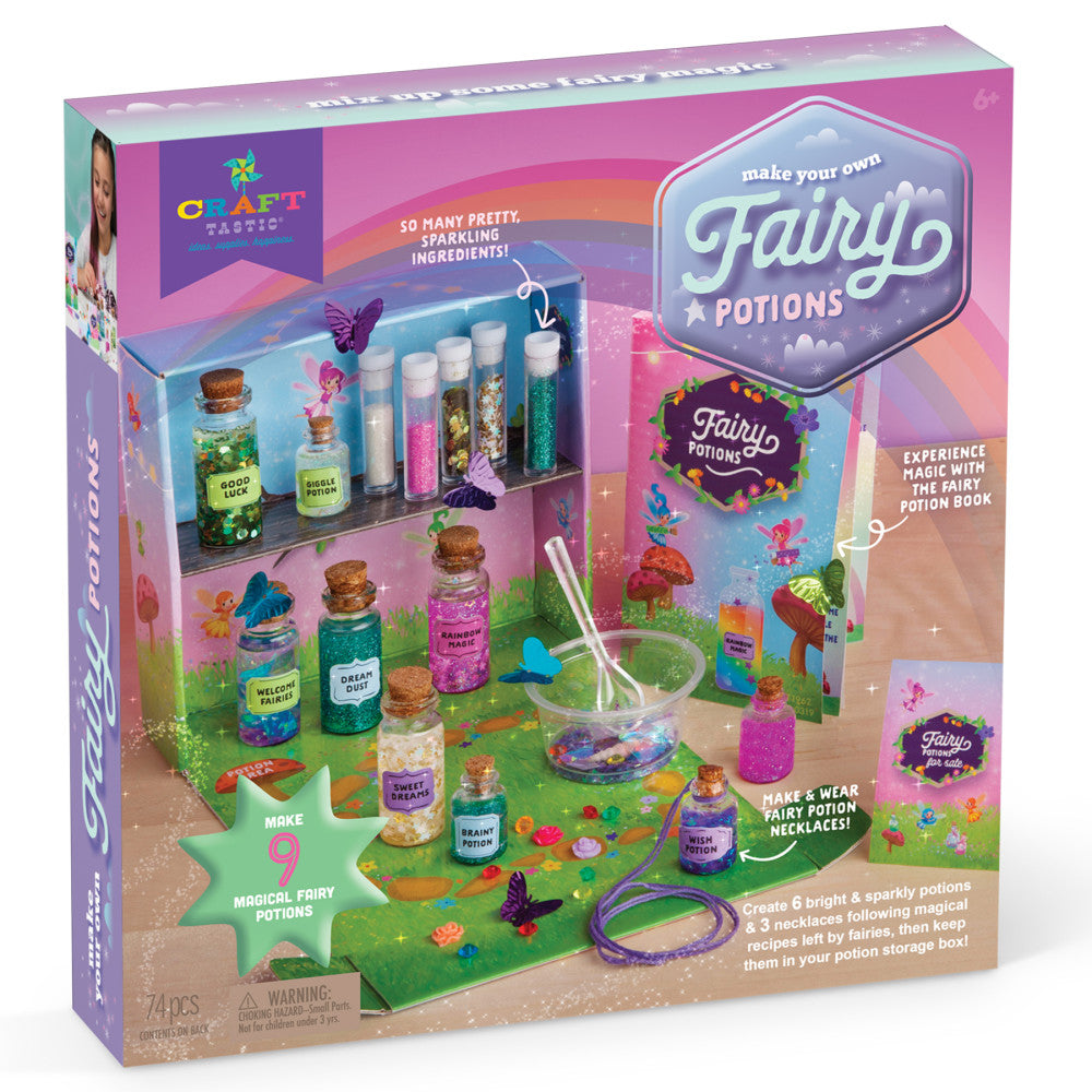Make your own Fairy Potions craft kit with glitter bottles, mixing bowl, straws, and beads to create 9 magical potions and 3 necklaces on model