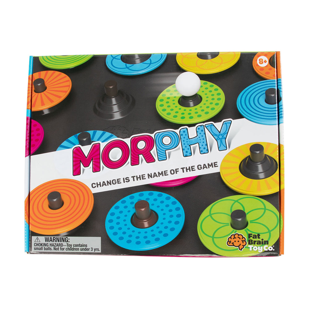 Morphy board game box showing colorful spinning discs in green, blue, yellow, and orange with black pegs, white ball, and tagline 'Change is the name of the gam