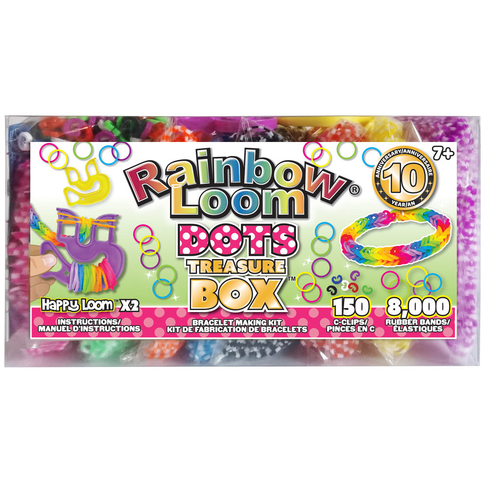Rainbow Loom Dots Treasure Box bracelet-making kit with Happy Loom looms, 150 C-clips, and 8,000 rubber bands in assorted colors