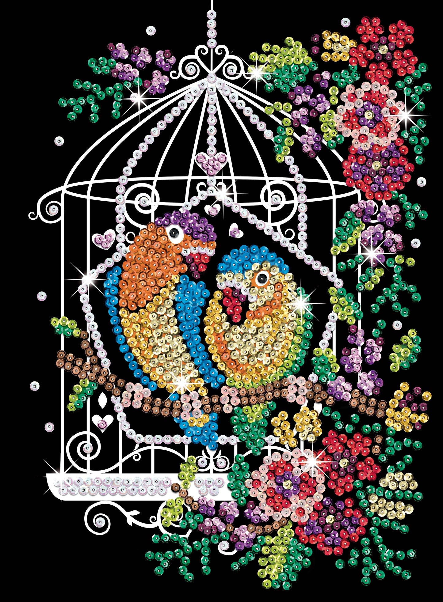 Sequin Art Purple Series Elegant Birdcage Craft Kit showing completed design with colorful sequins arranged in a decorative birdcage pattern on black background