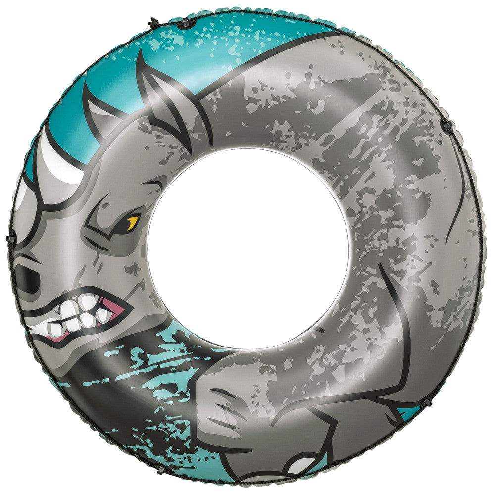 Gray and turquoise inflatable swim tube with aggressive rhino head design, yellow eyes, and bared teeth for ages 12+