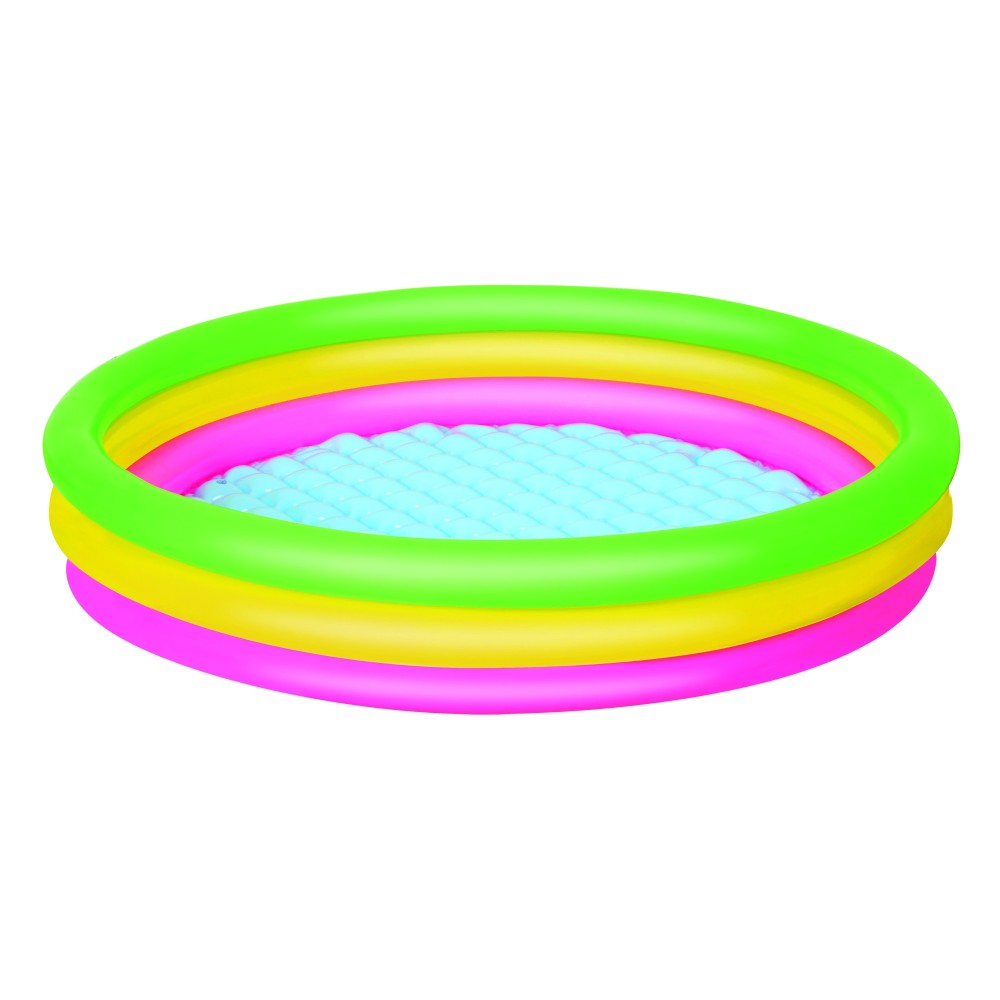H2OGO! Summer Set inflatable play pool with bright green, yellow, and pink rings and light blue water interior