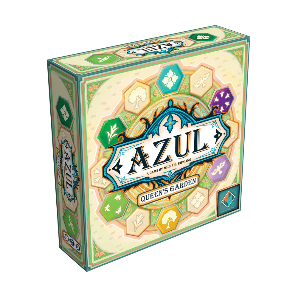 Azul: Queen's Garden board game box with ornate blue and gold decorative frame, featuring colorful hexagonal tile patterns in green, purple, cream, and gold on