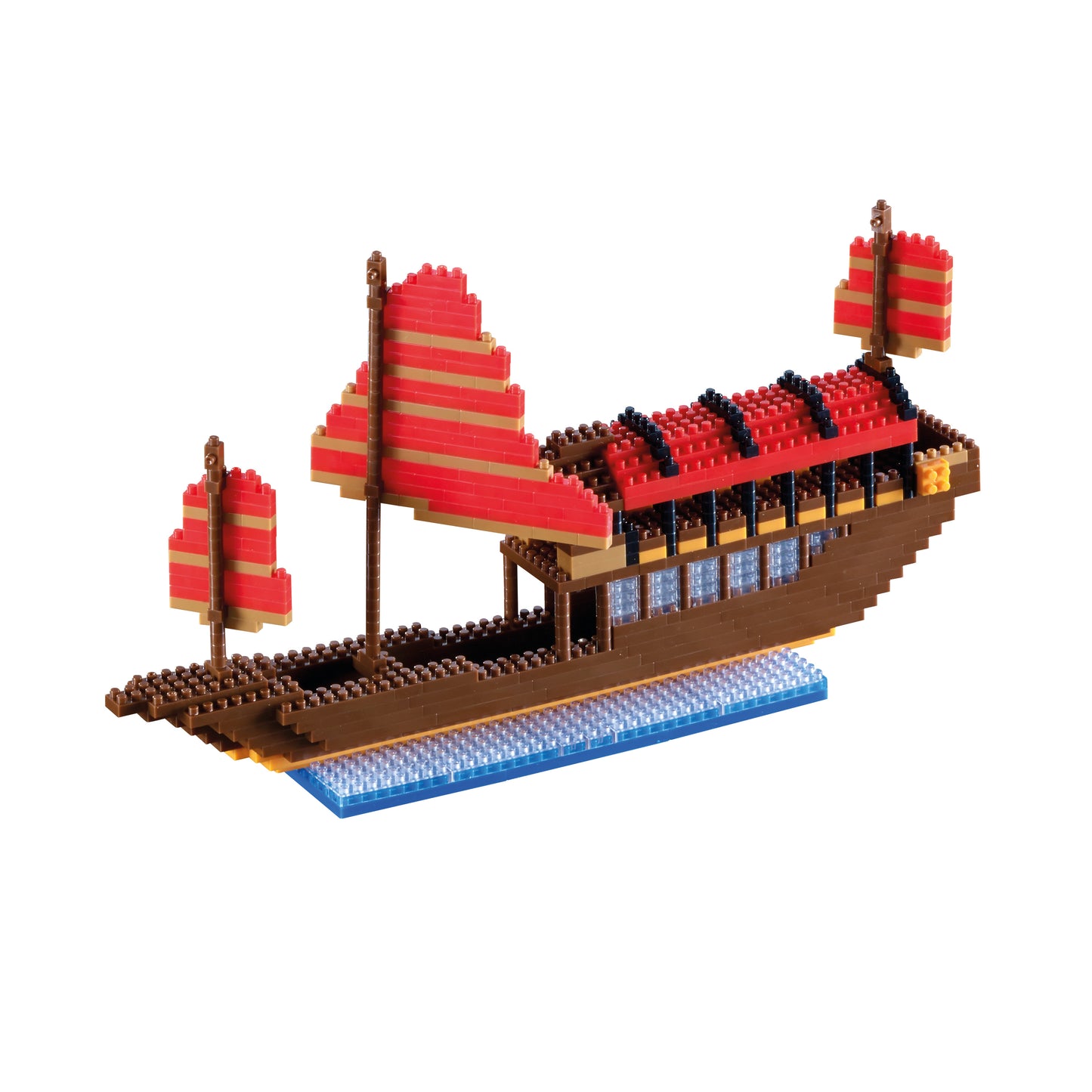 Brixies building set junk boat with brown hull, red and gold sails, black rigging, and blue water base