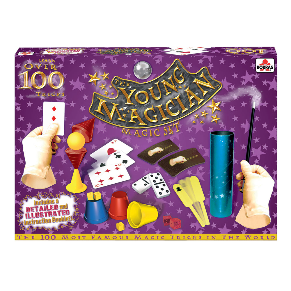 The Young Magician Magic Set box featuring purple background with stars, gold lettering, and product contents including cards, cups, dice, wand, and magic props