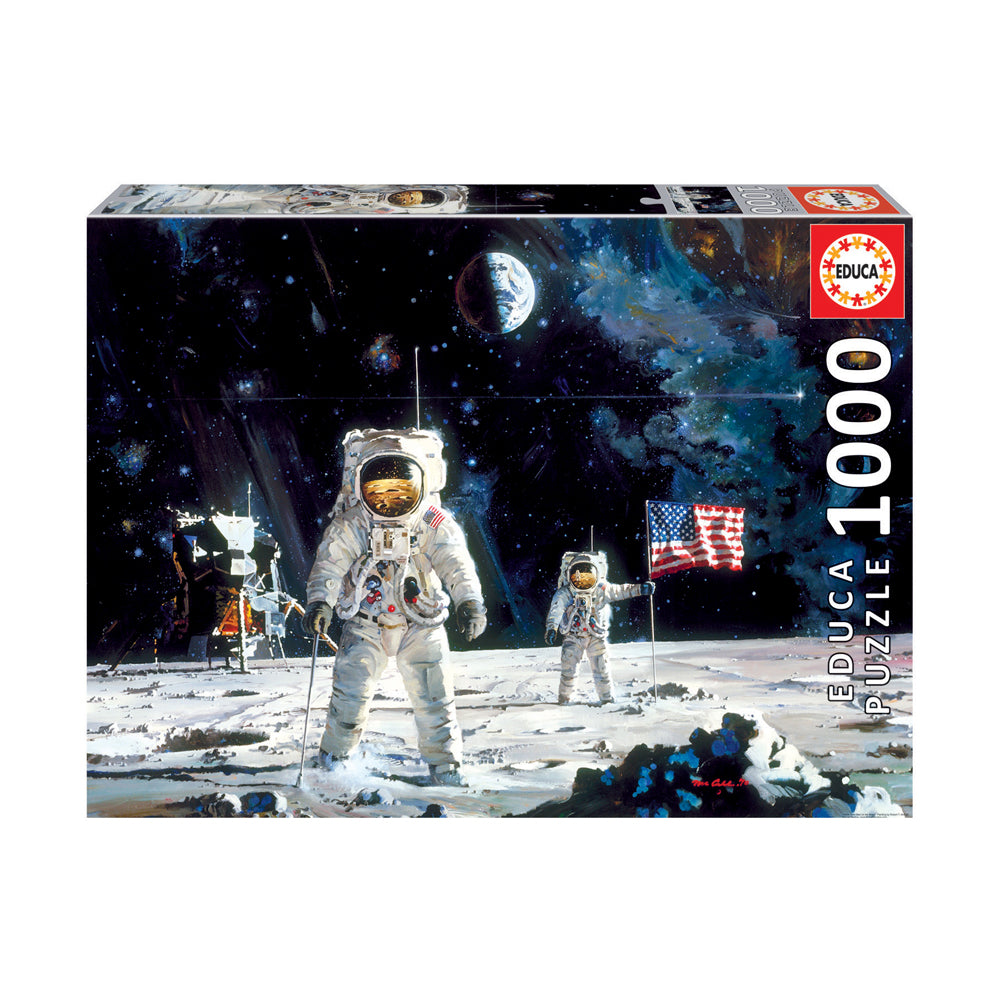 Educa 1000-piece jigsaw puzzle box featuring astronauts on the moon with Earth in the sky and American flag, artwork by Robert McCall