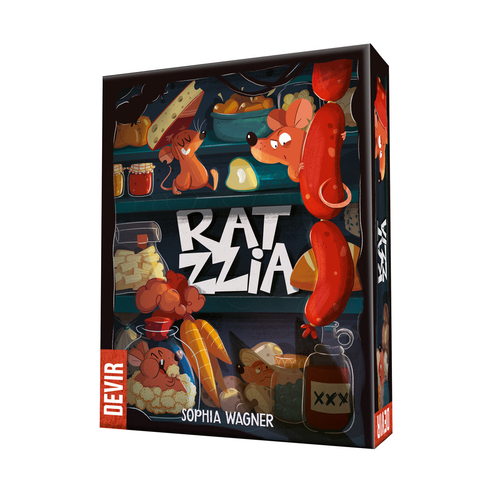 Ratzzia Family Board Game box featuring illustrated rats in a pantry with food items, sausages, and kitchen objects on dark background