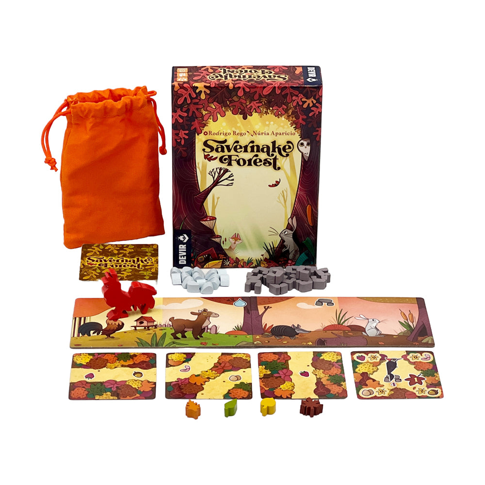 Savernake Forest board game with box, game board, cards, wooden tokens, cloth storage bag, and rulebook displayed on plain background