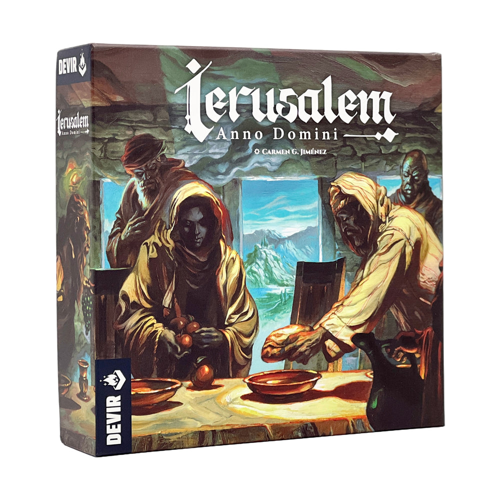 Ierusalem: Anno Domini board game box showing medieval figures in robes gathered around a table with food and landscape visible through arched windows