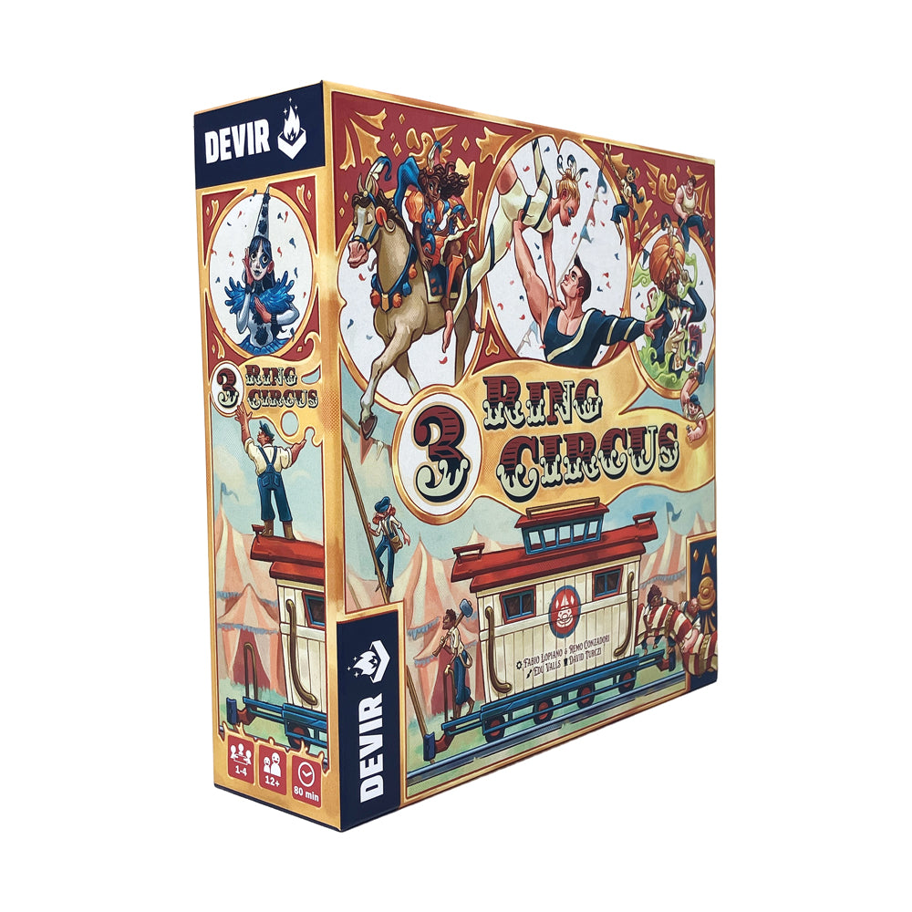 3 Ring Circus Strategy Board Game box by Devir, featuring vintage circus artwork with acrobats, animals, and performers on a cream and burgundy background