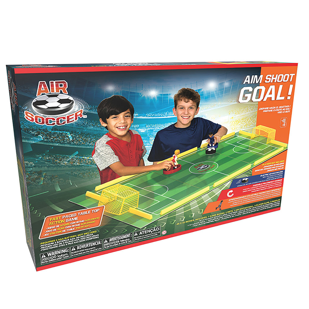 Air Soccer tabletop game box with two children playing, showing green field with yellow goals and puck on plain background