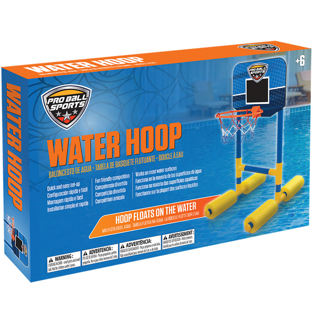 Pro Ball Sports water hoop with orange rim and yellow floating base, shown in pool setting on packaging