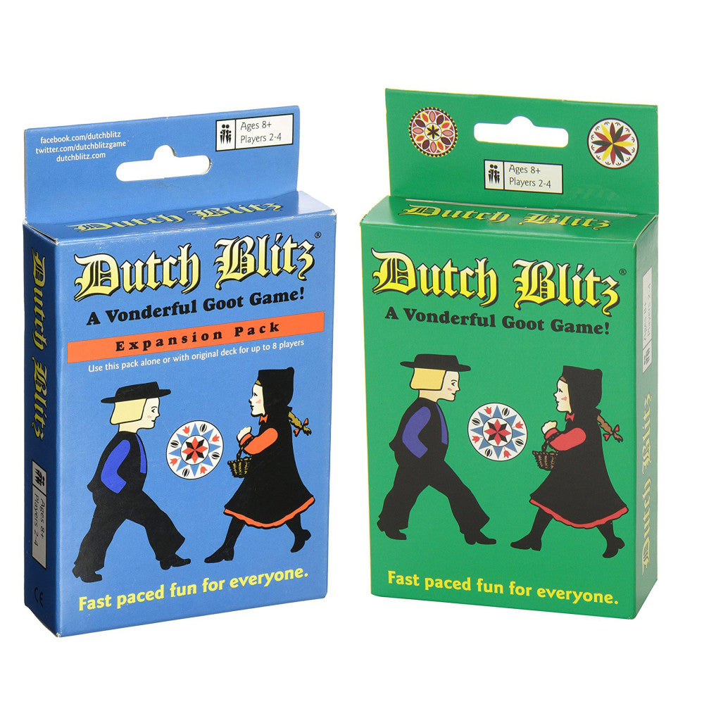 Dutch Blitz Original and Expansion Pack card games, blue and green boxes featuring illustrated Dutch figures and decorative wheel designs