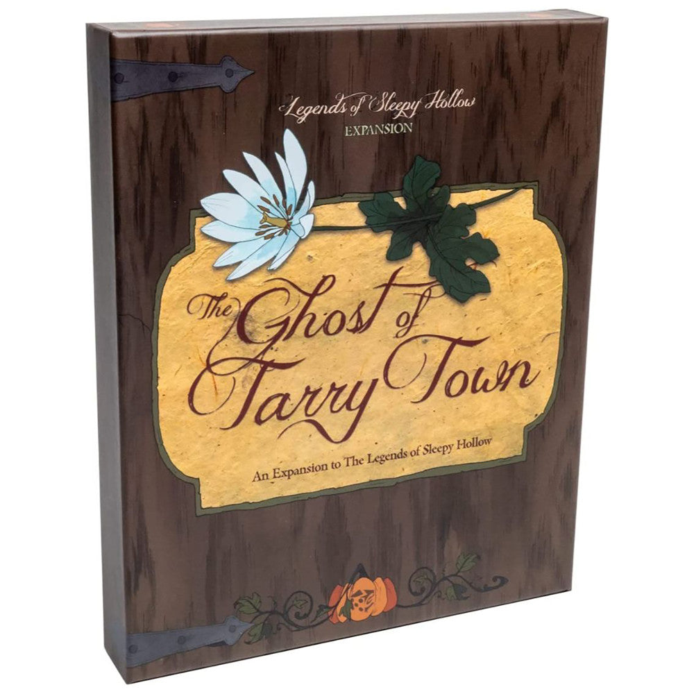 Legends of Sleepy Hollow: Ghost of Tarry Town Expansion board game box with dark wood texture, yellow label, white flower, green leaves, and pumpkin illustratio