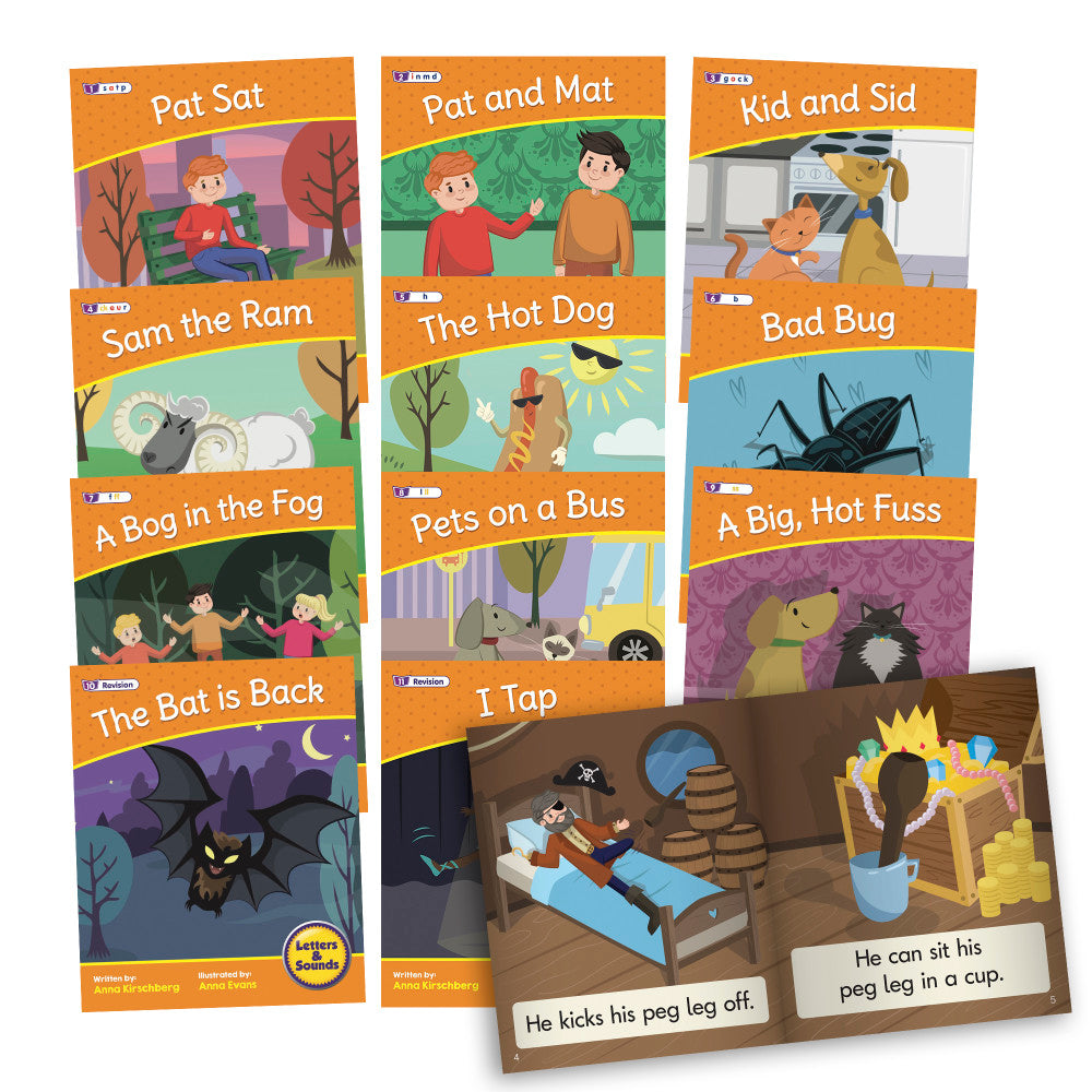 Collection of illustrated children's books from Letters & Sounds Phase 2 Set 2, featuring titles like Pat Sat, Pat and Mat, Kid and Sid, Sam the Ram, The Hot Do