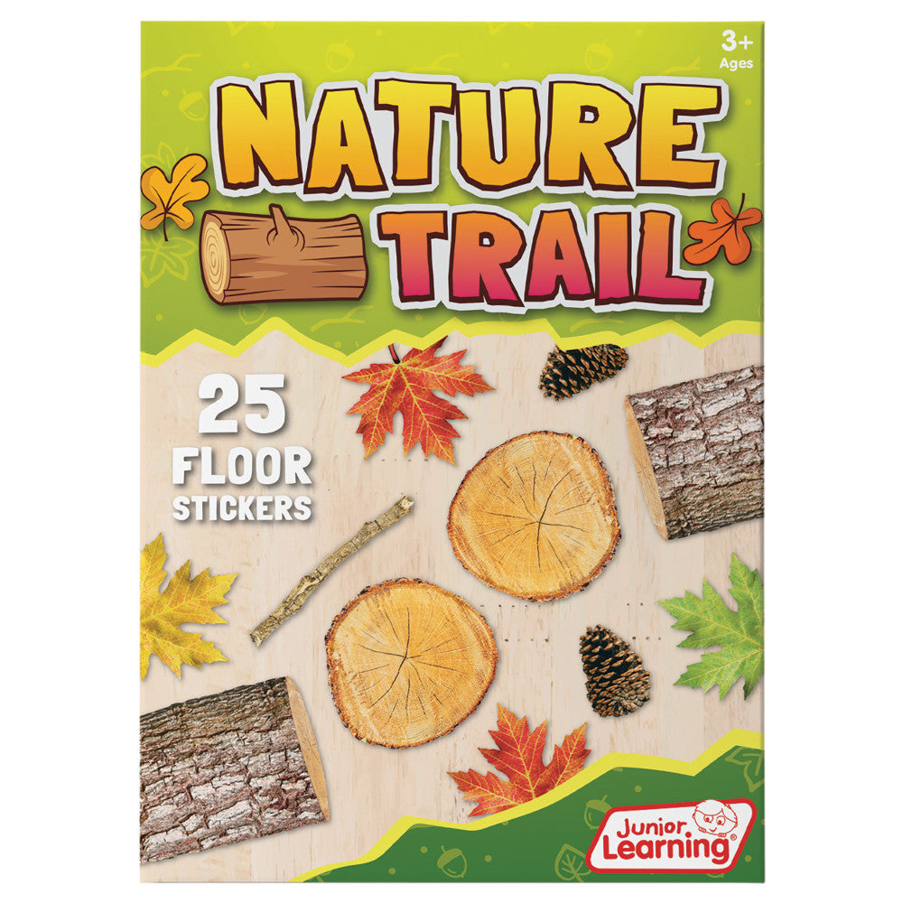 Nature Trail 25 Floor Stickers package featuring wood slices, pinecones, branches, and autumn leaves on cream background with green banner, ages 3+