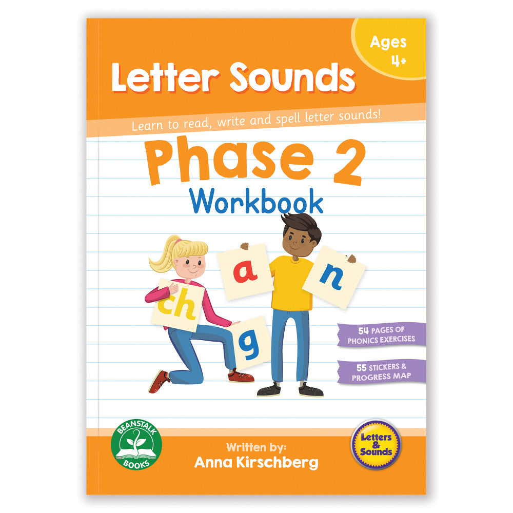 Letter Sounds Phase 2 Workbook cover showing two children holding letter cards, with text 'Learn to read, write and spell letter sounds!' Ages 4+, 54 pages of p