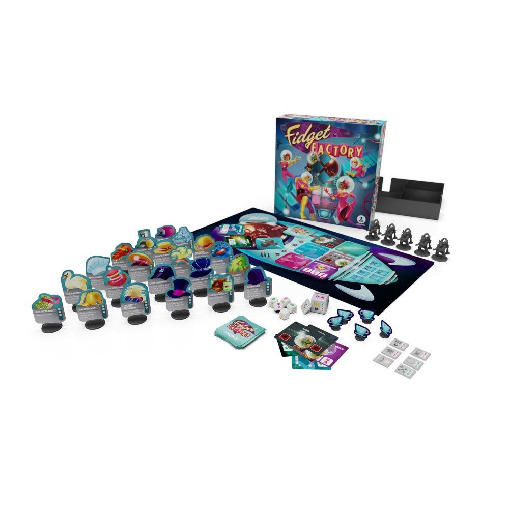 Fidget Factory Deluxe Edition board game with box, game board, fidget pods, dice, cards, and game pieces displayed on plain background
