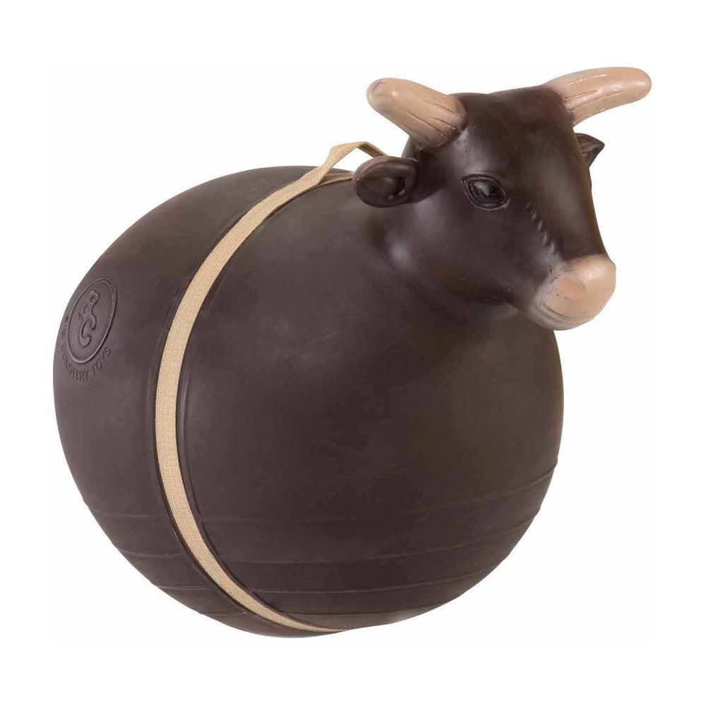 Brown inflatable bull ride-on toy with tan stripe and rope handles on plain background
