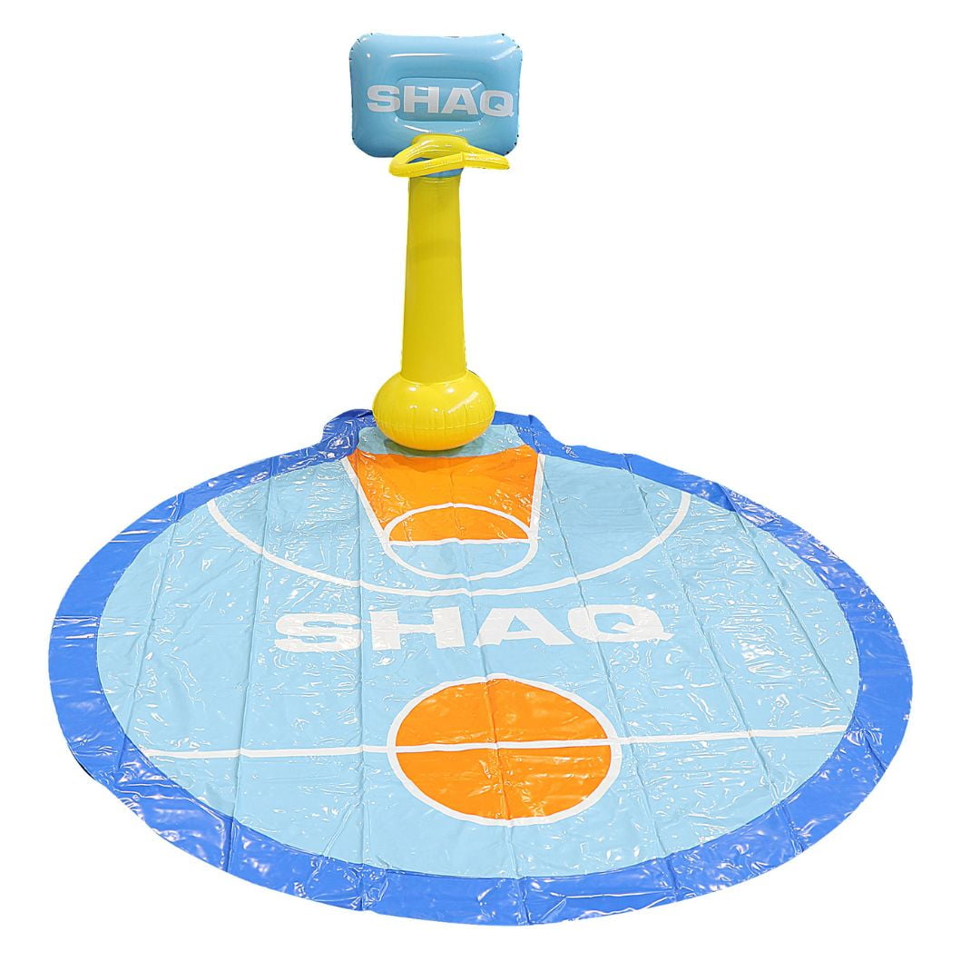 SHAQ basketball sprinkler mat with light blue and dark blue inflatable base, yellow center pole with blue basketball backboard and hoop on top