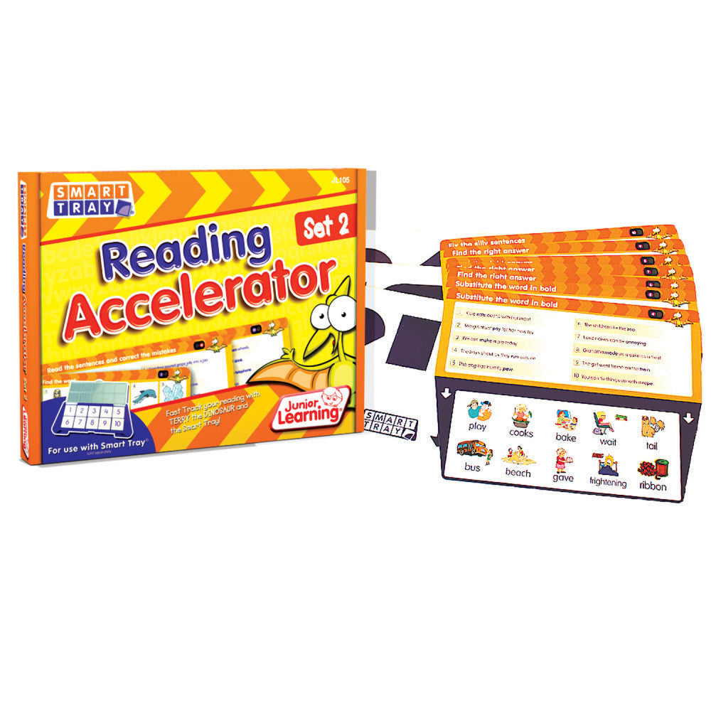 Smart Tray Reading Accelerator Set 2 box and activity cards showing phonics exercises with word and picture matching tiles