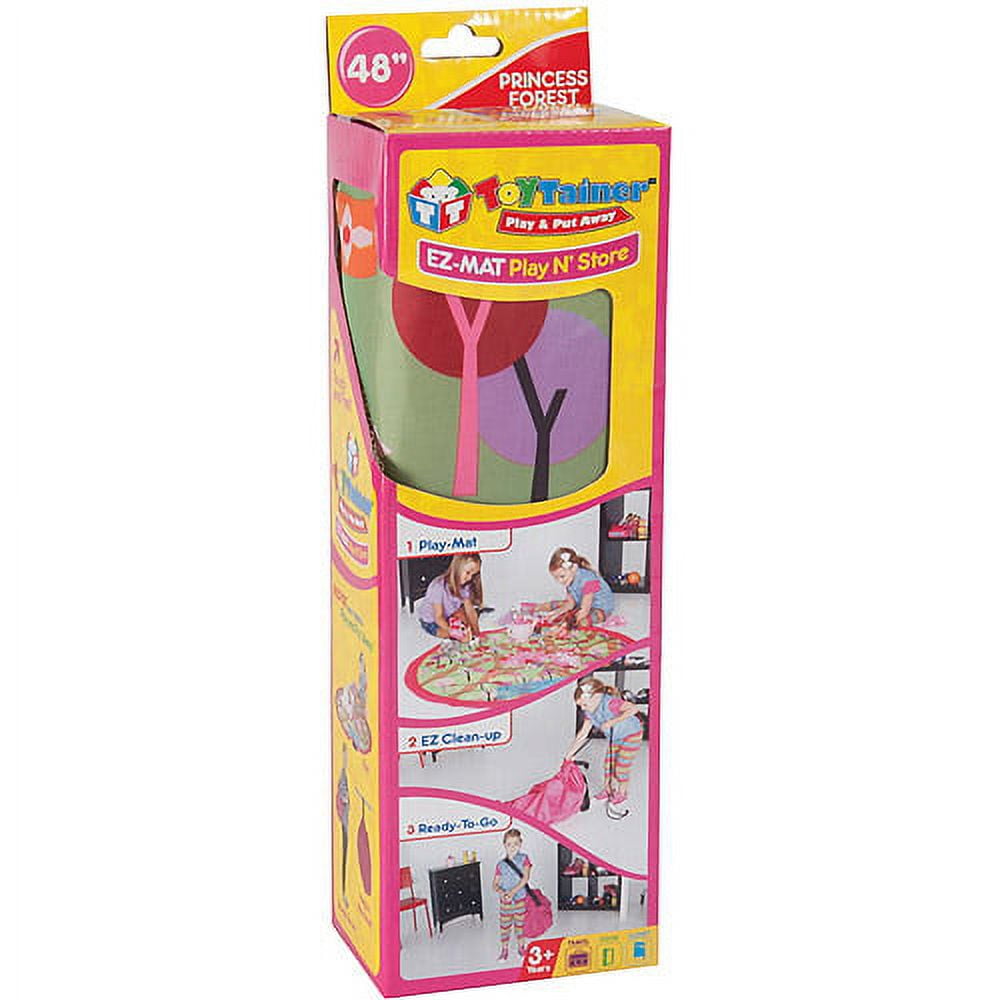 Toytainer Ez-mat Play-n-Store 48-inch interactive cleanup mat in pink and multicolor, featuring play mat and storage design with product demonstrations on packa