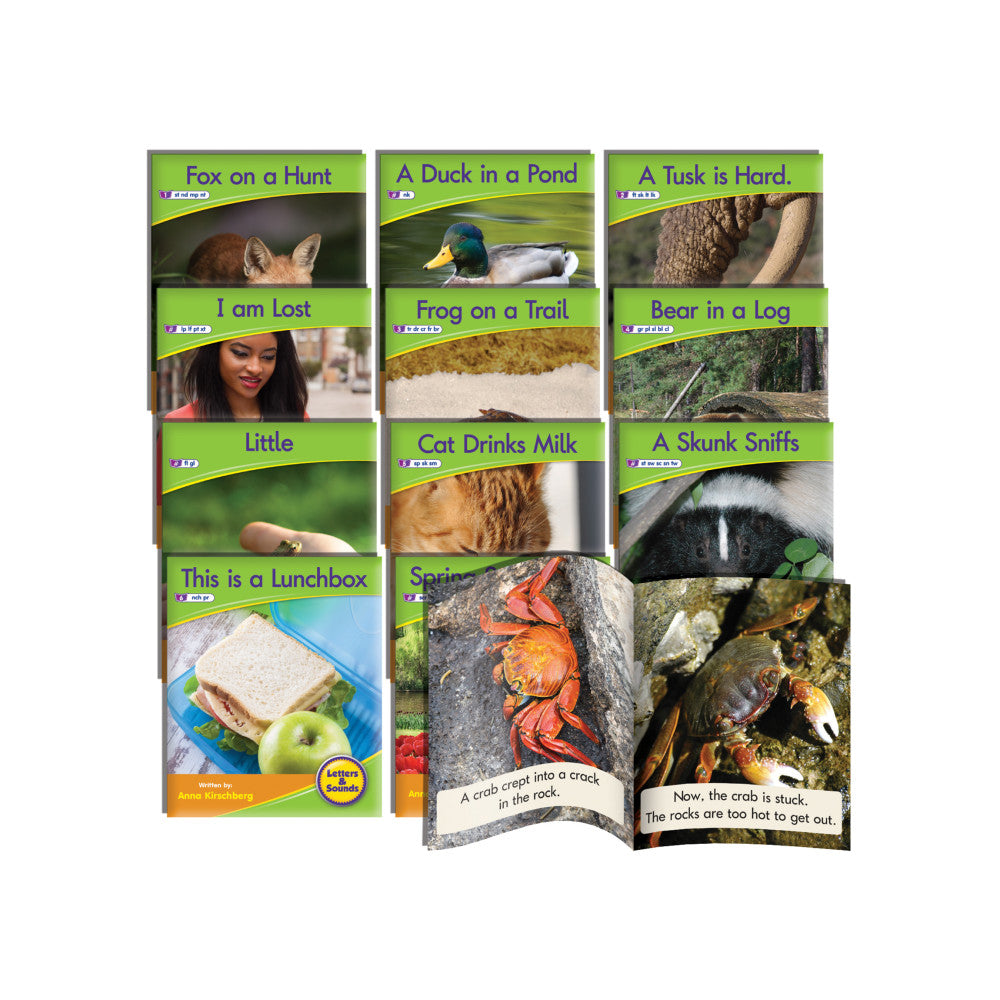 Set of nine educational reading books with green covers showing titles like Fox on a Hunt, A Duck in a Pond, Bear in a Log, and Cat Drinks Milk, each featuring