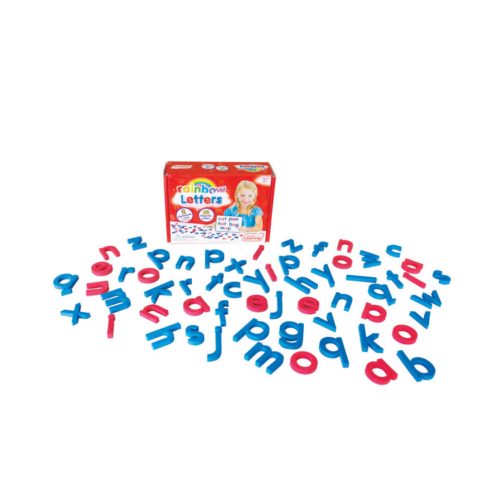 Rainbow Letters magnetic alphabet set with red and blue letters scattered on white background and red product box with child on model