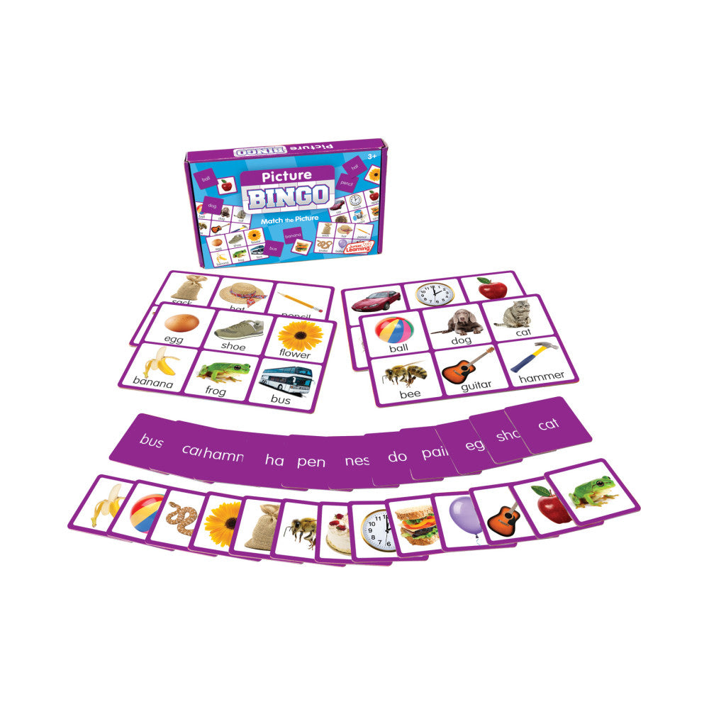 Picture Bingo Junior game box with purple-framed bingo cards showing images of objects like banana, flower, dog, guitar, and bus, plus word cards and matching t