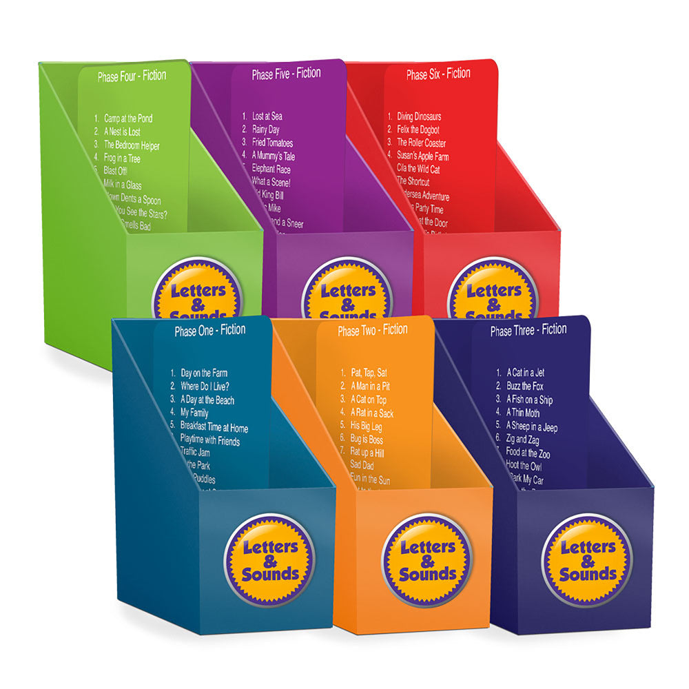 Six colorful box-shaped holders in green, purple, red, teal, orange, and dark blue, each labeled with "Letters & Sounds" and displaying fiction reading lists fo