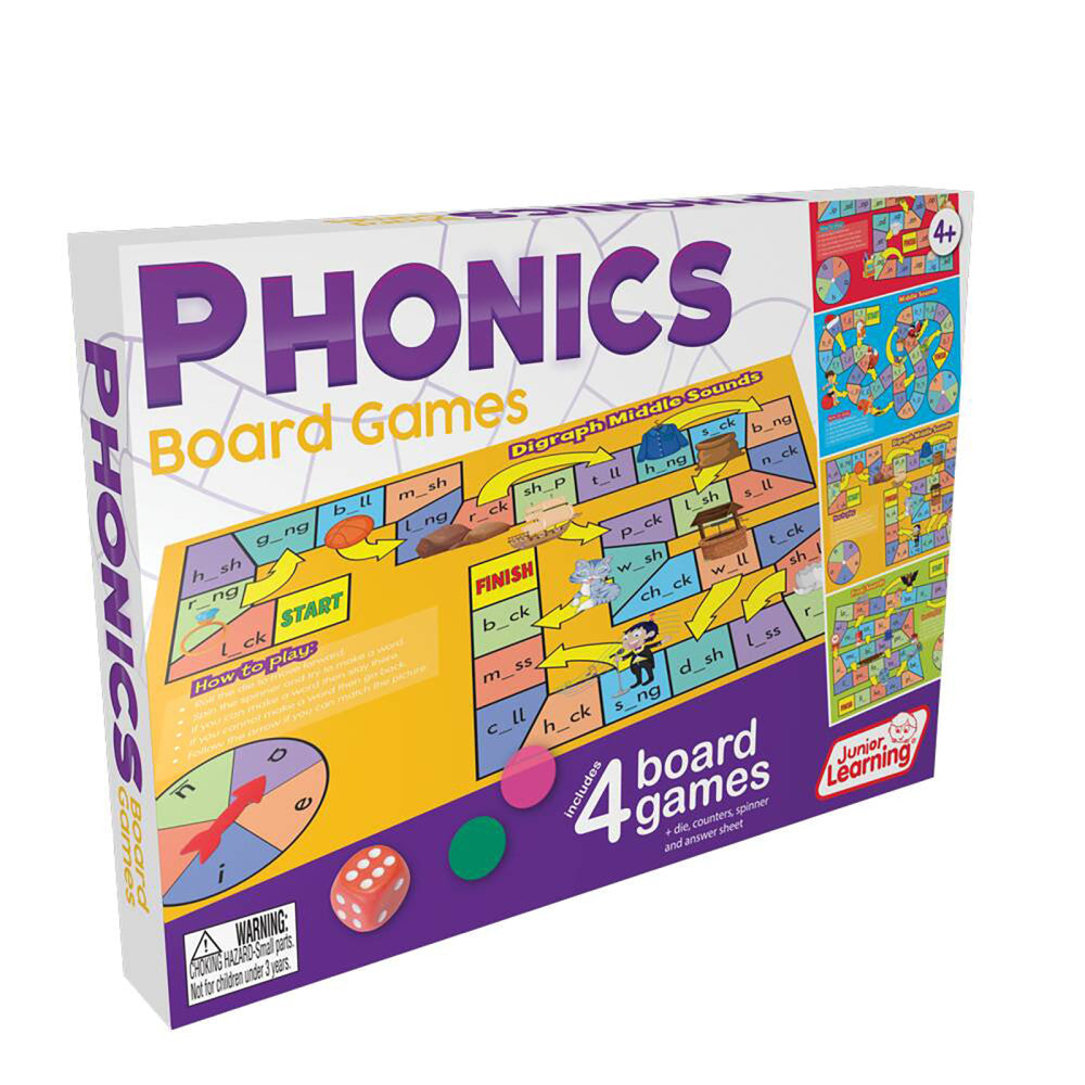 Phonics Board Games box by Junior Learning showing colorful game boards with letter sounds, game pieces, and dice included