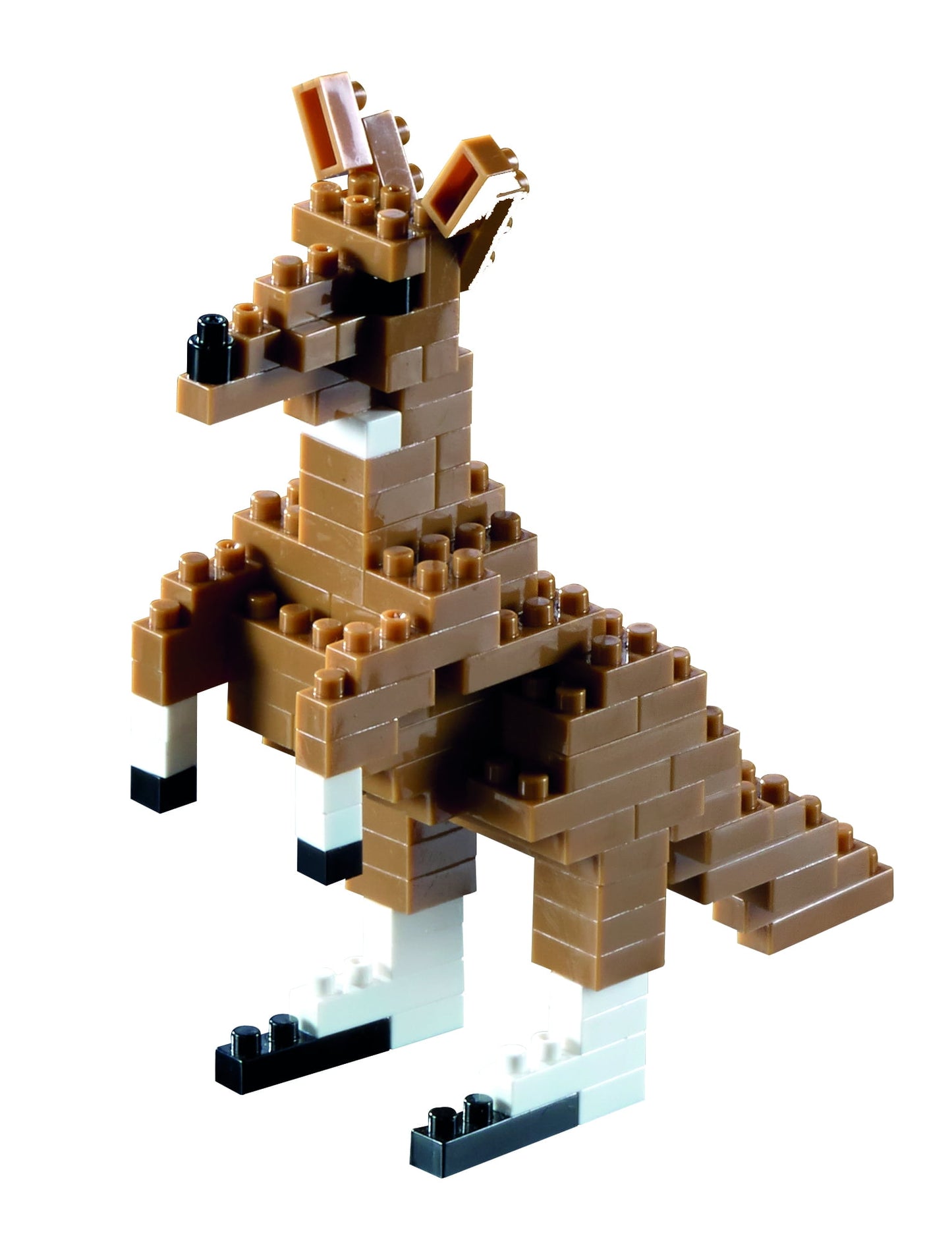 Tan and white brick-style kangaroo building set with black details and poseable limbs on plain background