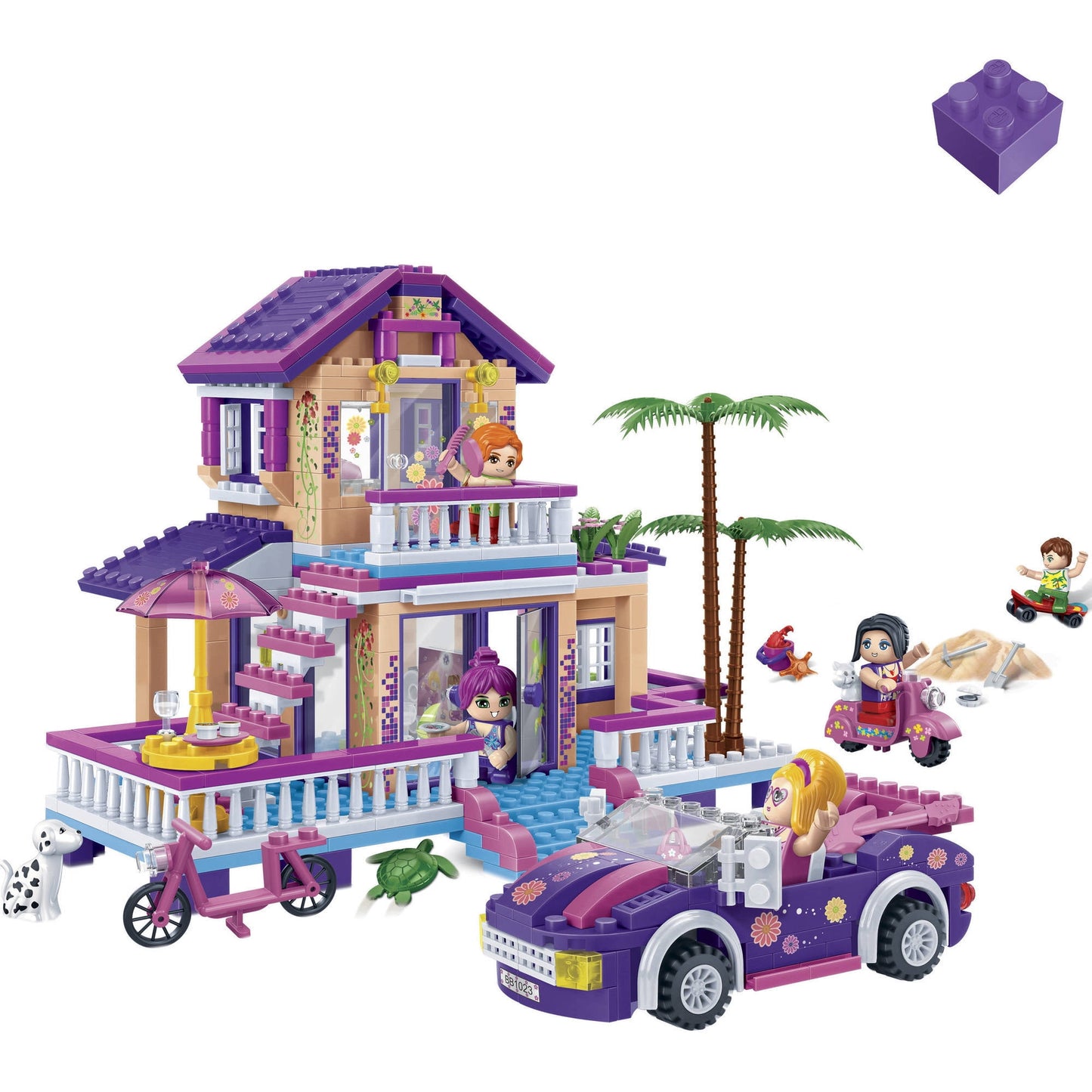 BanBao Trendy Beach House building set with purple and tan house, purple car with blonde minifigure, child minifigures, palm trees, dog, turtle, bicycle, and ac