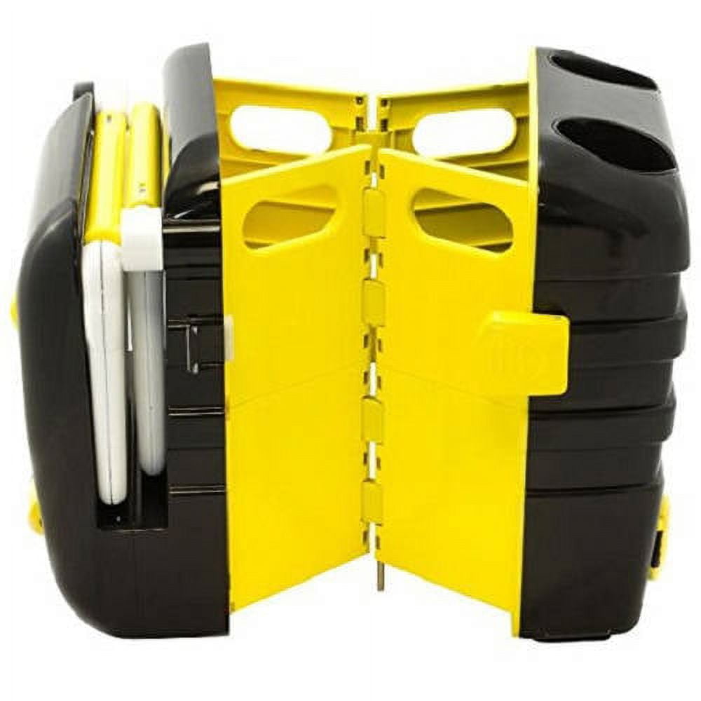 Yellow and black car-shaped seatback organizer with open doors revealing storage compartments and pockets inside