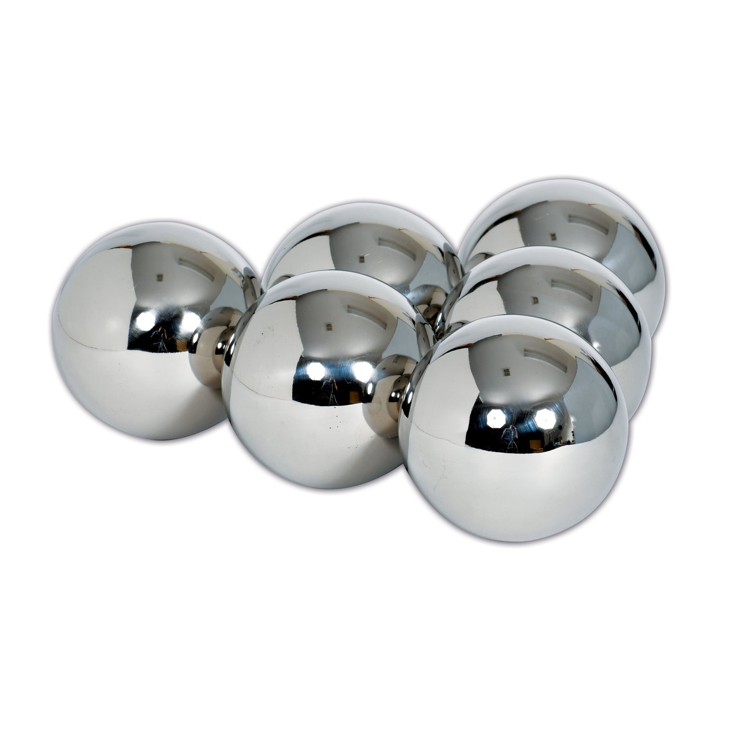 Set of 6 reflective stainless steel sensory balls with mirrored surfaces arranged on white background