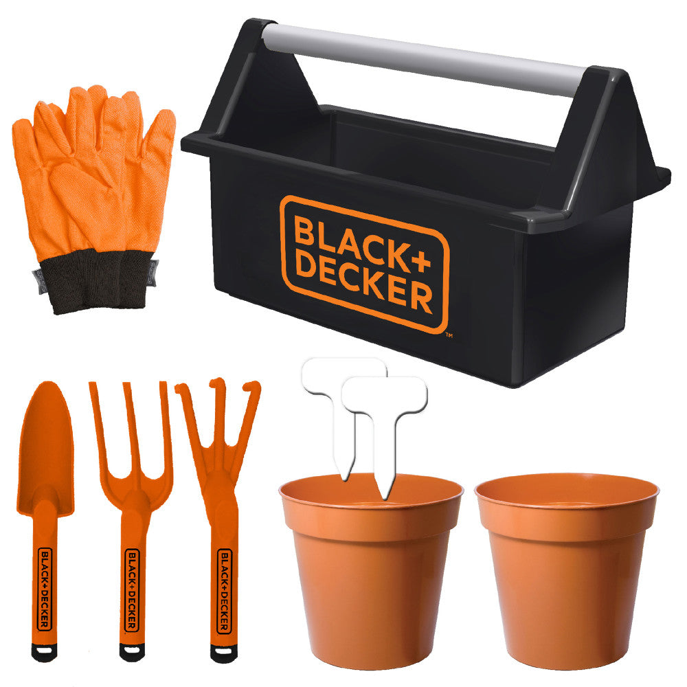 Black+Decker kids' garden toolbox set with orange gloves, three garden tools, two terra cotta pots with markers, and black carrying toolbox on plain background